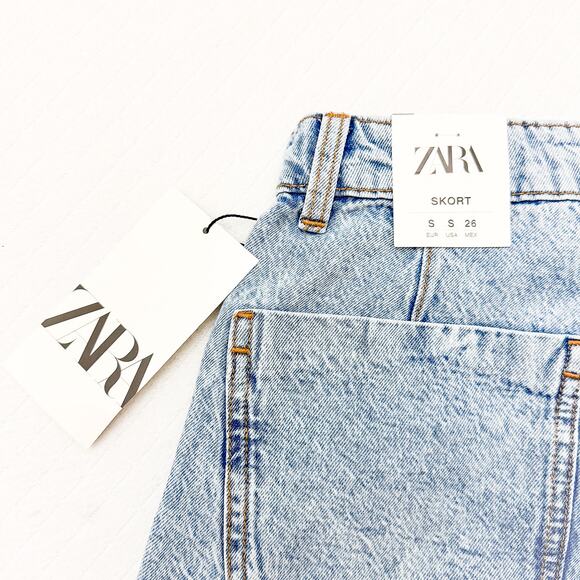Zara Vintage Acid Wash Denim Skort Front Pockets Size Small NWT - Picture 3 of 7